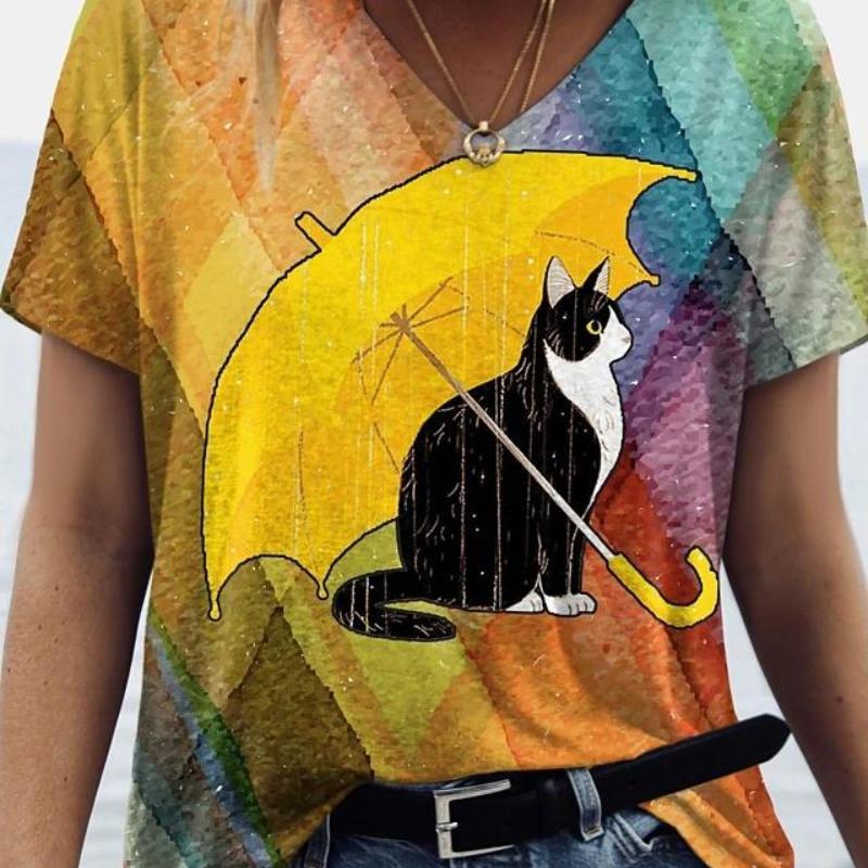 

Cat drawing pattern 3D printed T-shirt for women, V-neck short sleeved T-shirt 5XL