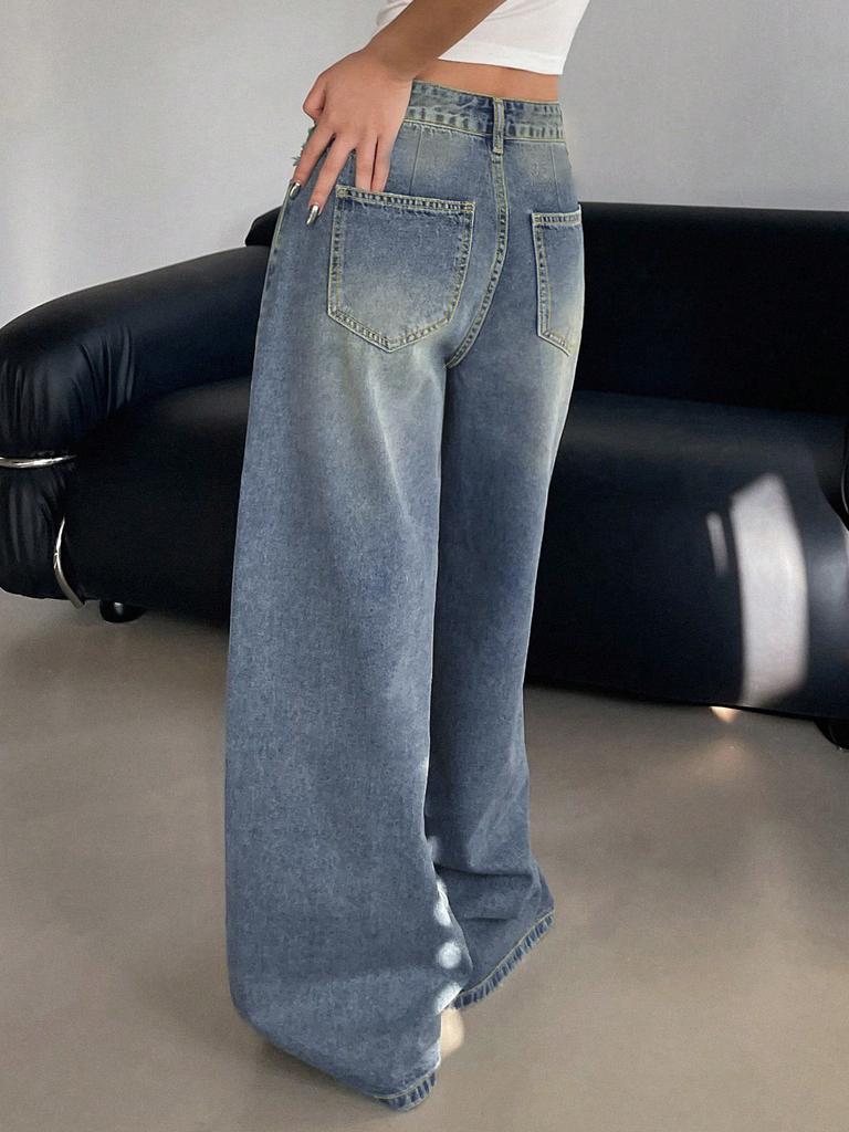 Washed Blue Wide Leg Extra Long Floor Jeans For Women, Loose Casual Pants
