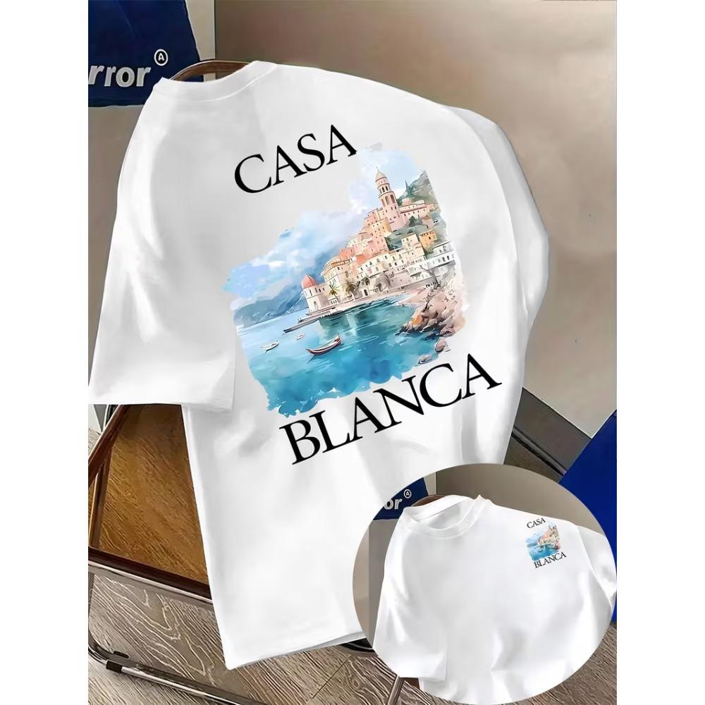 Casablanca Coastal Scenery Graphic T-Shirt, Summer Beach Vacation Retro Print Casual Tee, Round Neck Short Sleeve Streetwear Top S