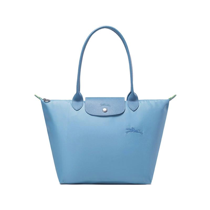 New LONGCHAMP Le Pliage Green Recycled Canvas With Leather Trim Dumpling Bag, One Shoulder Handbag Medium Size Women's Blue 2605919P58