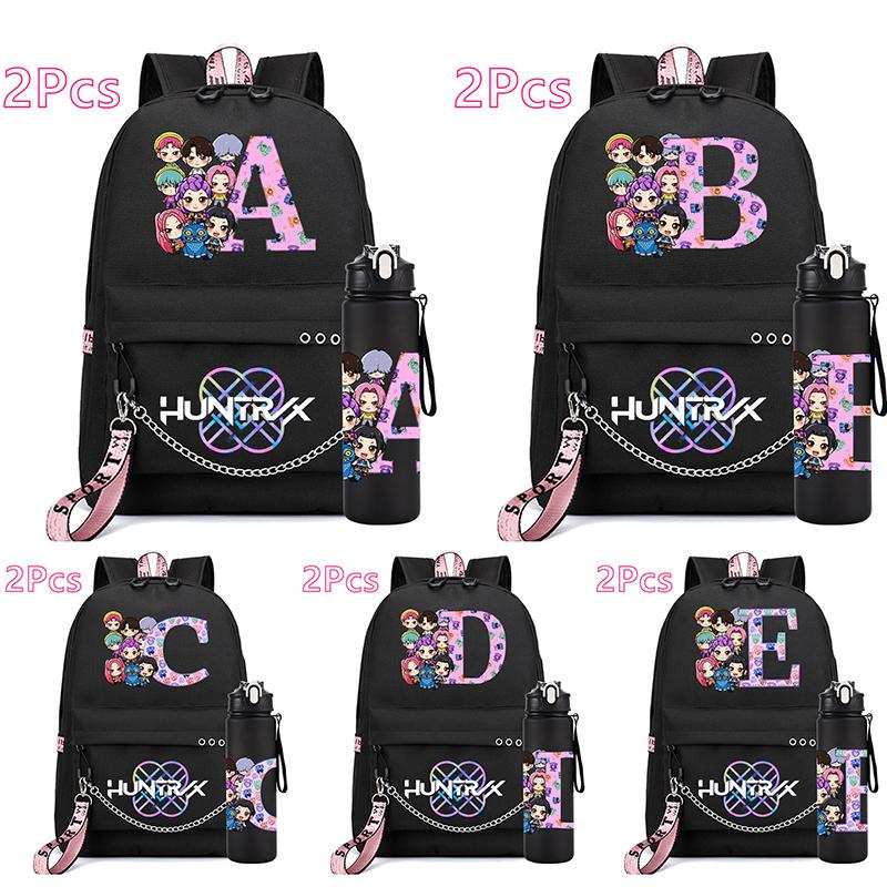 2Pcs/set 26 English Letter K-pop Printed Backpack with 750Ml Water Bottler for Teenager Girl Boy Bookbag Kid Gift Large Capacity Waterproof Travel Bag