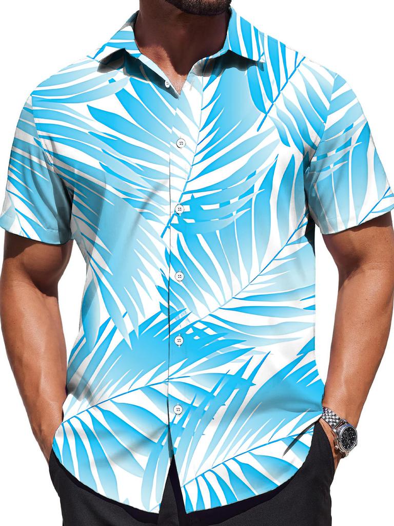 Men's Fashion Short-sleeve Shirt with Palm Leaf Pattern in Blue, White, and Brown| Non-elastic Fabric, Buckle Detail, Lapel Design, Regular Fit,
