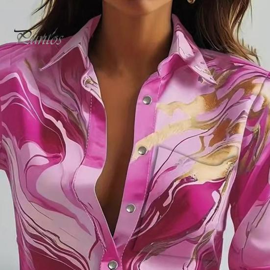 Women Shirt Lapel Long Sleeve Printing Shirt Tops Single Breasted Spring Autumn Commuter Style Blouse