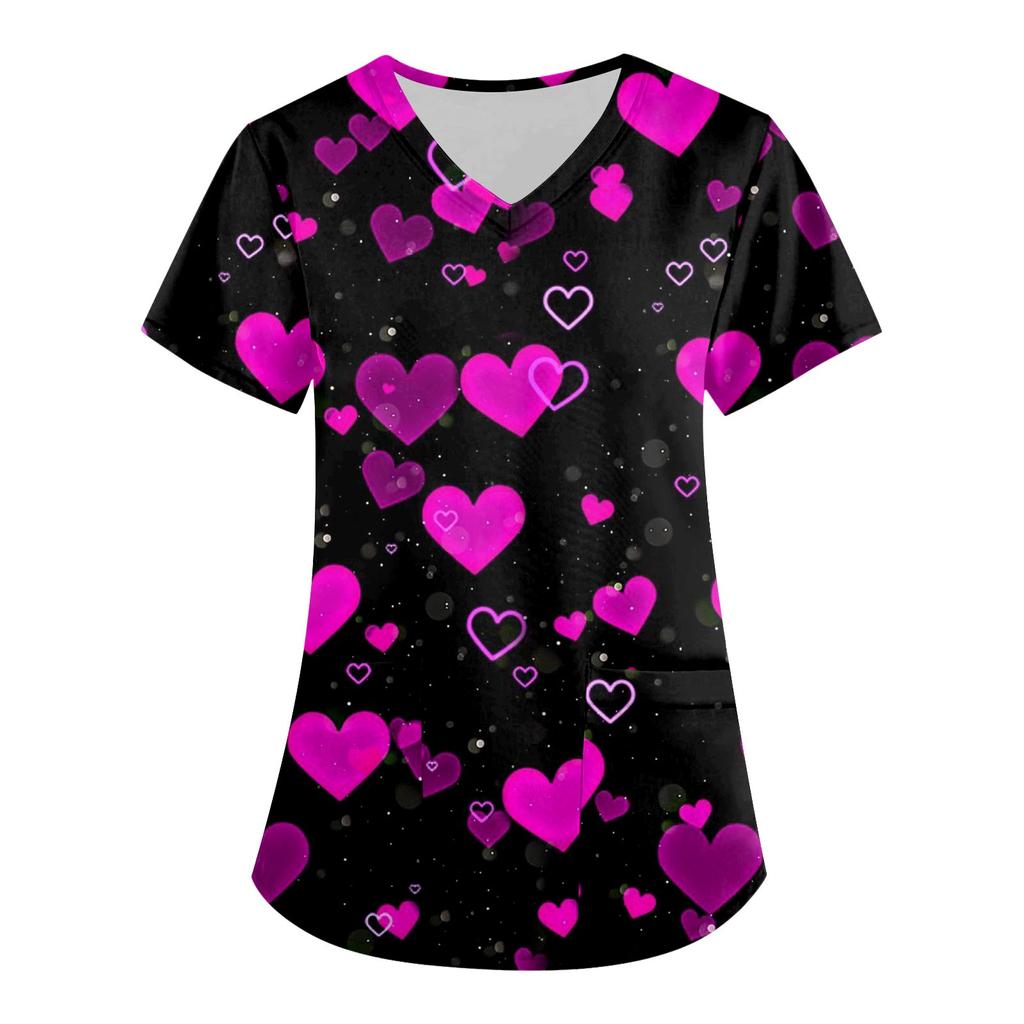 Women's Fashion V-neck Short Sleeve Workwear With Pockets Valentine's Day Printed Tops