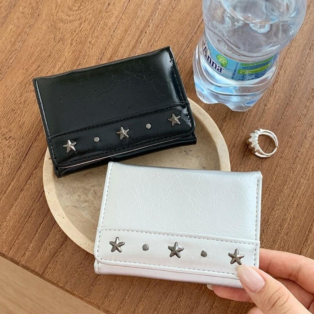 Portable Vintage Style Trifold Wallet Ultra Thin PU Leather Star Rivet Wallet Large Capacity Compact Size Cash Wallet Women