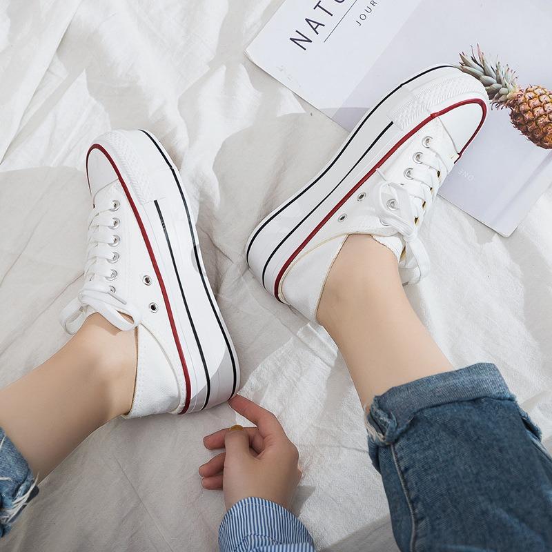 Summer New Height Increase Half-drag Canvas Shoes Female Students Lazy Two Wear White Shoes Female Casual 1