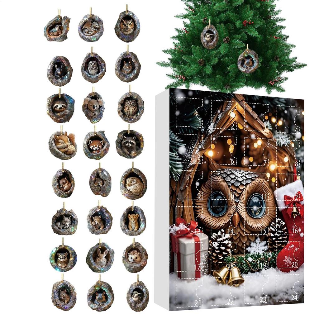 Animal Ornament Advent 2D Acrylic 24 Days Christmas Tree Hole Countdown Calendar Holiday Animal Pendant for Kids Boys Girls
