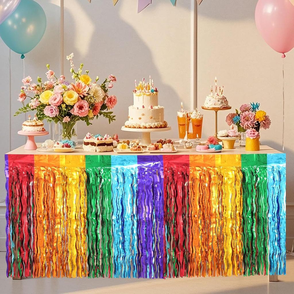 2 Pack Foil Table Skirts Fringe Table Banner Decorations, Rectangle Round Tables Curta Streamer Backdrop for Birthday Baby Shower Wedding Engagement