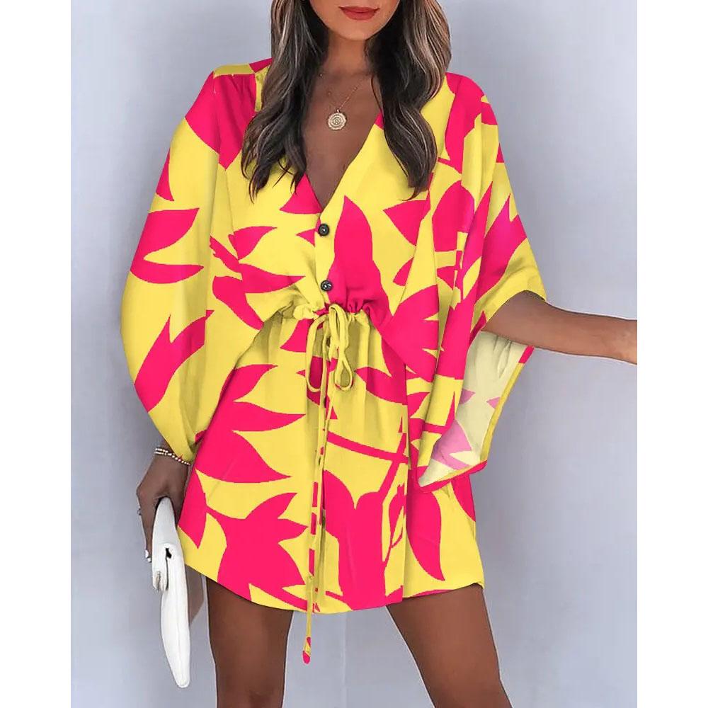 Summer Casual Drawstring Tie-Up Mini Loose Dress Fashion Print Batwing Sleeve Beach Dress Sexy Button V Neck Women Party Coverup