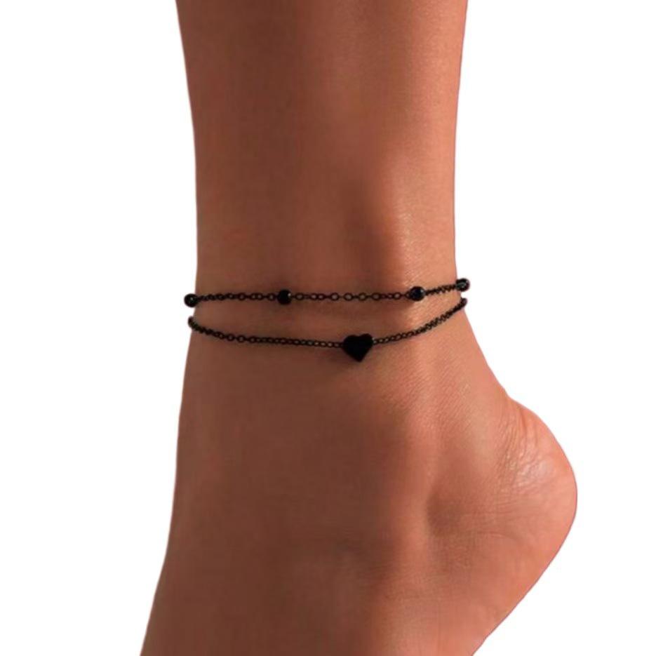 Double Layer Heart Anklet for Women - Simple Beach Fashion Foot Jewelry with Personalized Metal Chain