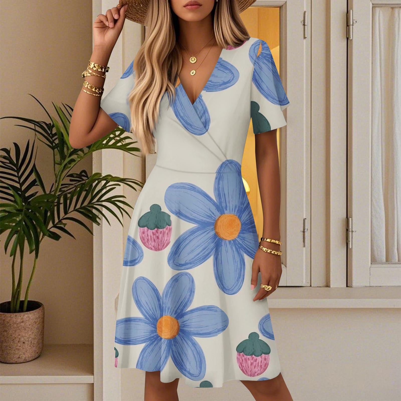 

Women s Summer Fashion Floral Print Dress Casual Beach A-Line V-Neck Loose Sundress XL жовтий