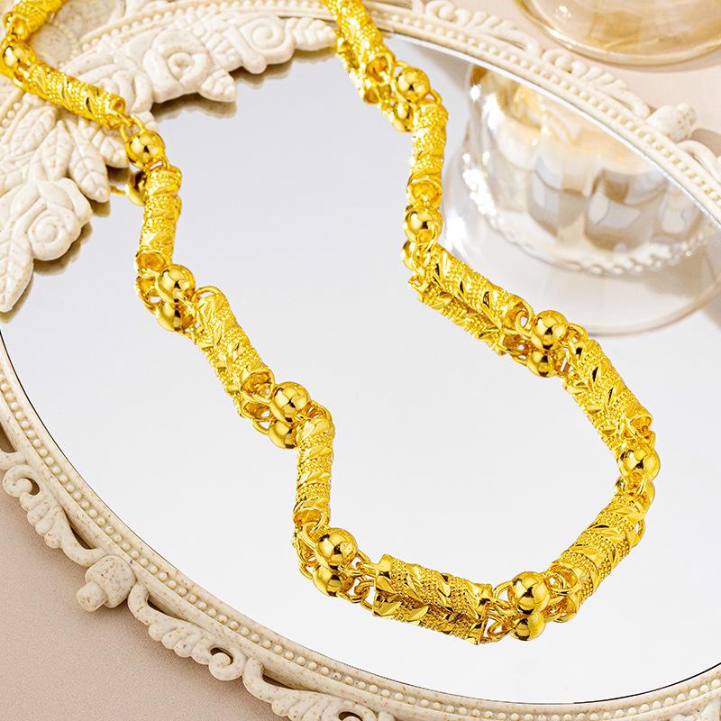 Retro Vietnamese Sand Gold Men's Necklace with Bead and Carved Column Design - Long-lasting Color Retention