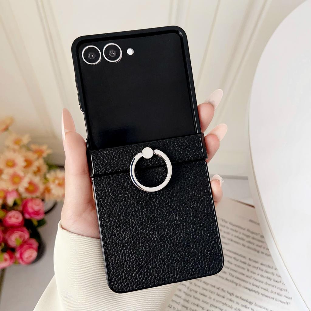 Lychee Pattern Leather Metal Finger Ring Holder Stand Case For Samsung Z Flip 7 6 5 4 3 Diamond Grip Buckle Bracket Cover