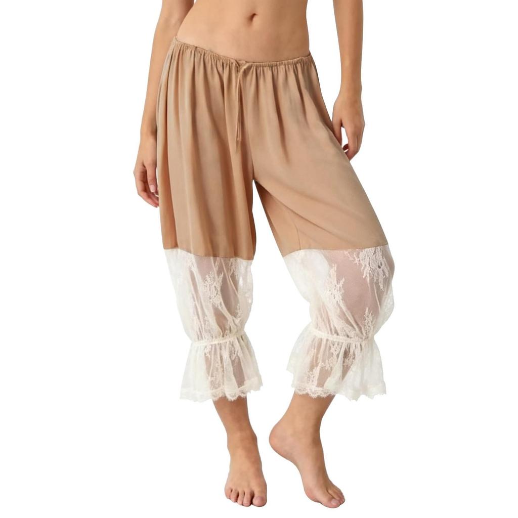 Women Ruffle Lace Trim Capris Low Cropped Pants Vintage Casual Pantaloons Pant