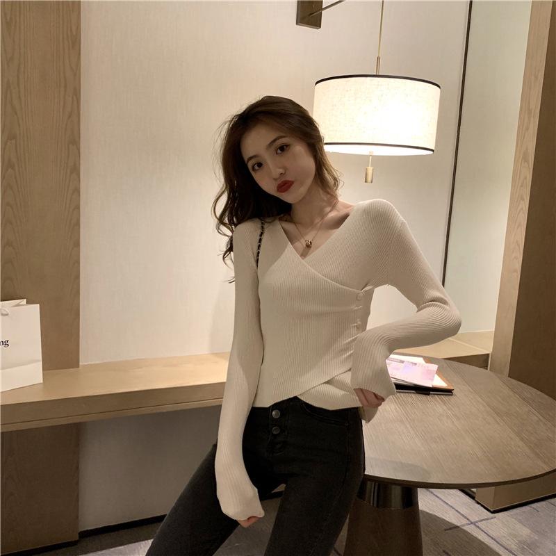 Damen-Pullover für Frühling und Herbst, Strickpullover, Primer-Shirt, volle Ärmel, V-Ausschnitt, kreuzanliegend, schlanke Tops, einfarbig, Einheitsgröße