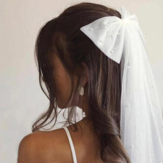 Bridal Hair Clip with Bow Faux Pearl Veil Wedding Headdress White Tulle Wedding Day Honeymoon Hair Accessory