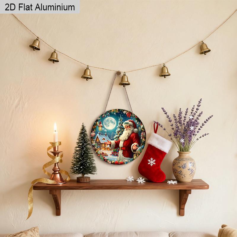 Panneau de Noël en Aluminium Coloré Plat 2D - Ornements Figurine Navidad avec Motif Père Noël & Couronne - Idéal pour Porte d'Entrée, Mur, Porche, Clôture