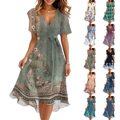 Damen Sommer Mode V-Ausschnitt Glockenkleid Kurzarm Blumenkleider