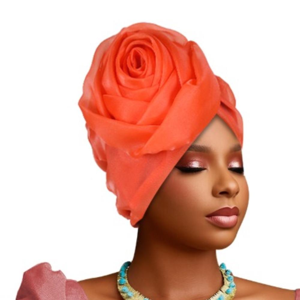 Traditional Raw Silk African Turban Caps Big Rose Flower Breathable Head Wraps Headwear Lightweight Bonnet Party Headgear