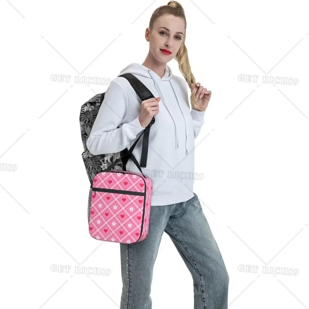 Cute Love Heart Pink Lunch Bag for Women Men Valentine's Day Theme Reusable Insulated Cooler Box for Work Office Picnic