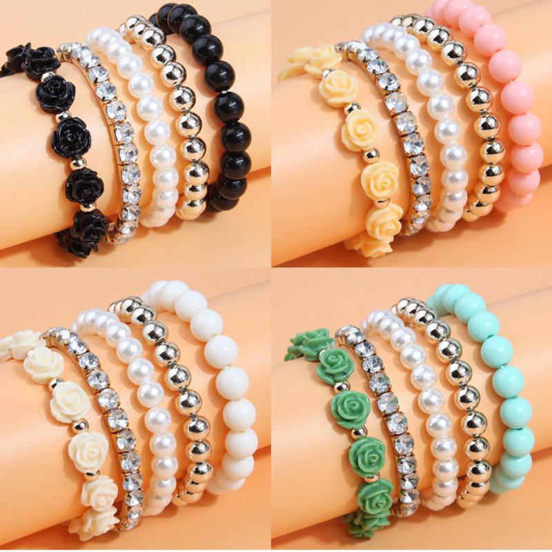 5pcs Bohemian Flower Beads Bracelets For Women New Boho Crystal Charm Elastic Bracelets Bangles Set Female Vintage Jewelry Gifts