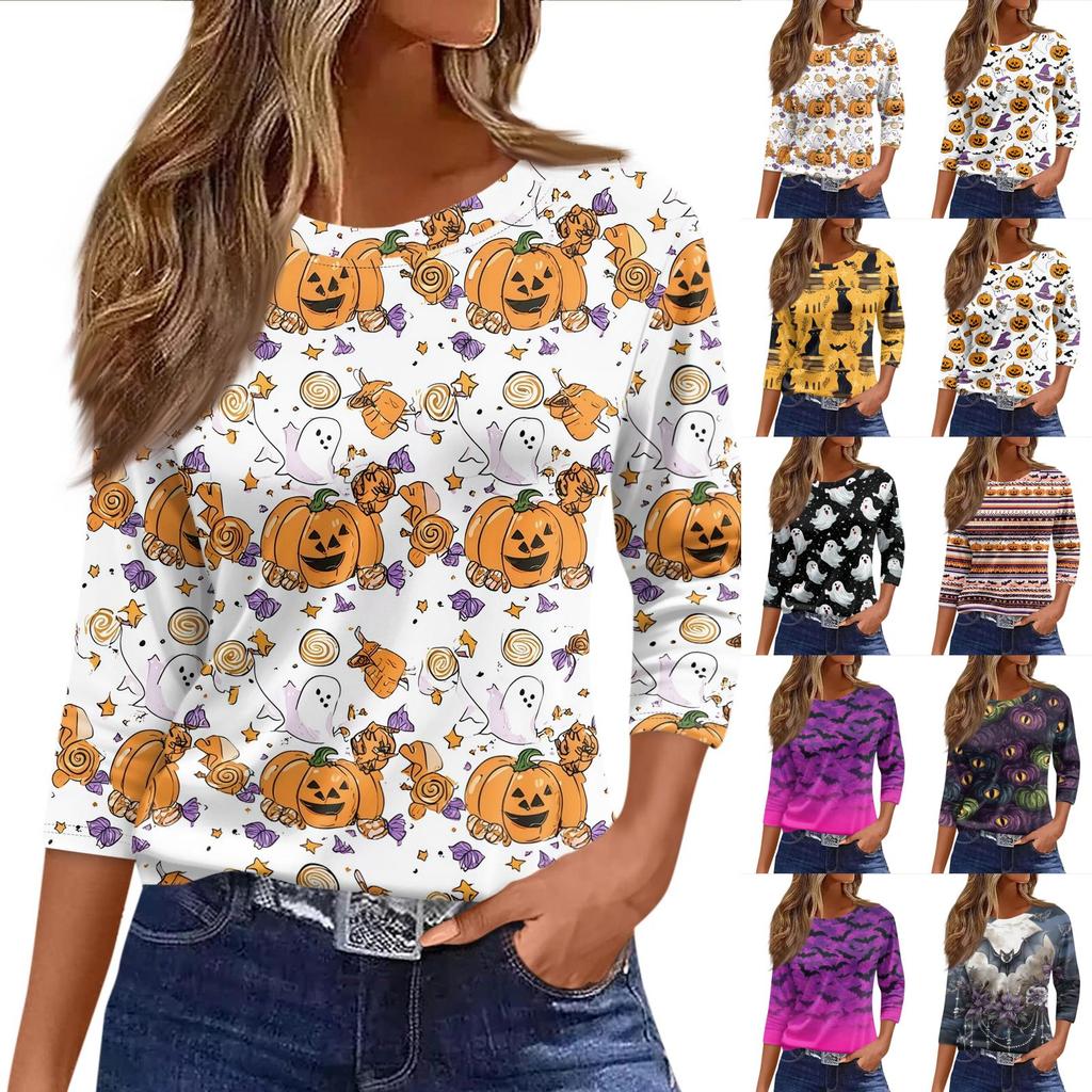 Women's 3/4 Sleeve Loose Fit Casual Shirt Round Neck Halloween Print T-Shirt Top for Everyday Wear