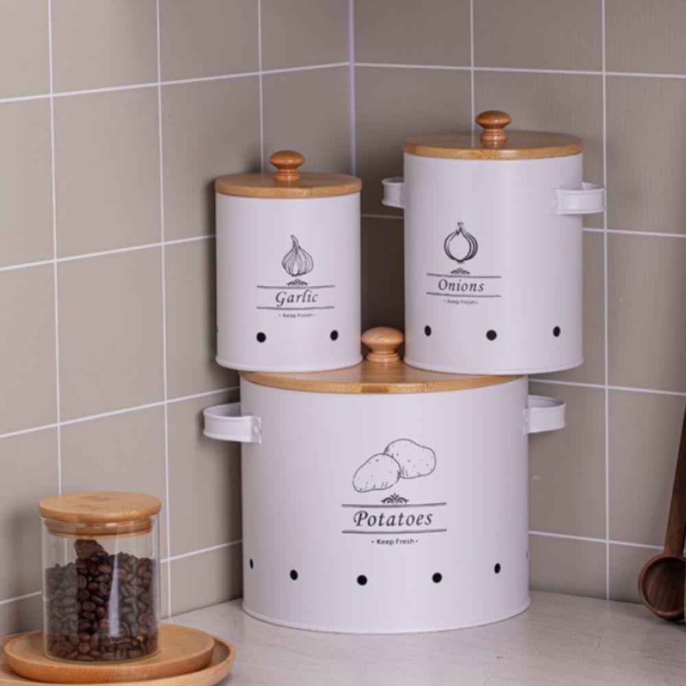 Carbon Steel Garlic Storage Bin with Lid Garlic Keeper Potato Storage Container Pantry