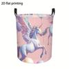 Round Laundry Hamper with Sweet Pink Unicorn Print, Foldable Multi-Functional Polyester Fabric Storage Box and Decorative Basket with Handles for or C