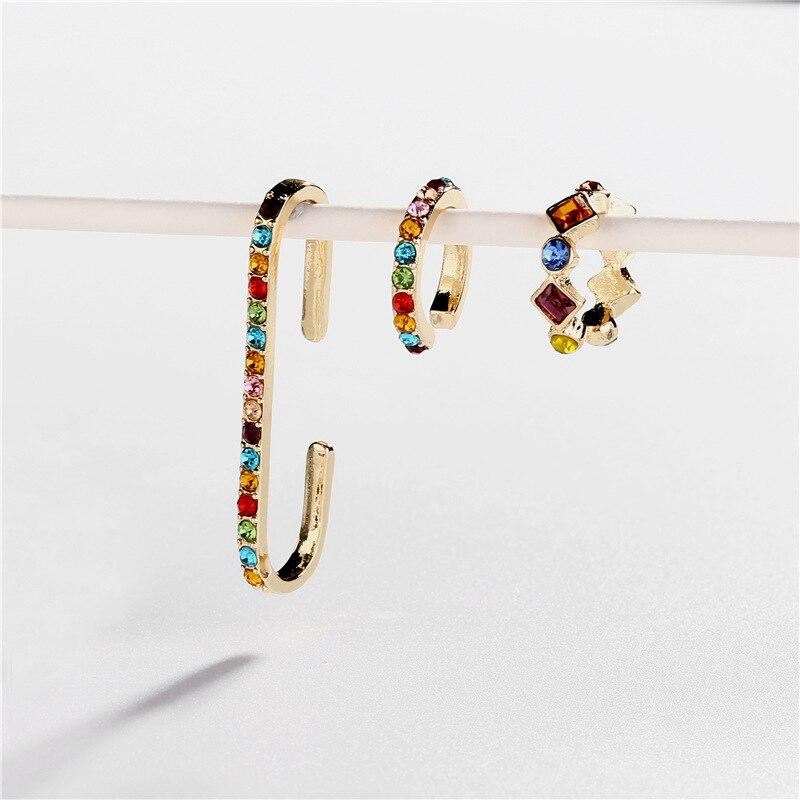 Women Cubic Zircon Rainbow Earrings Cubic Zirconia Ear Cuff Set Female Stylish Fashionable Gold Tone Huggie Clip On Earrings Earcuff Crystal Stone