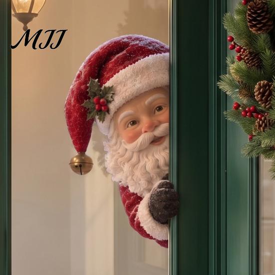 Peeking Christmas Window Decor Vintage Decor, 3D Carved Santa Reindeer Holiday Themed Party Ornament with Hidden Suction Cup, Glass Decoration
