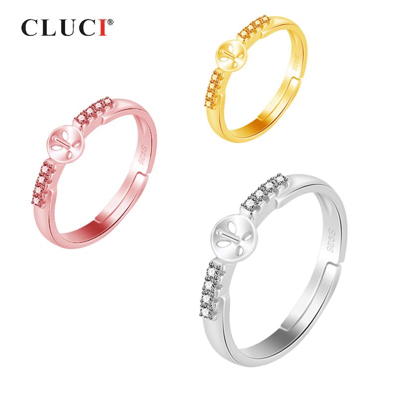 

CLUCI 925 Sterling Silver Adjustable Women Pearl Ring Mounting Silver 925 Rings Jewelry Zircon Simple Open Rings SR2175SB resizable розового золота