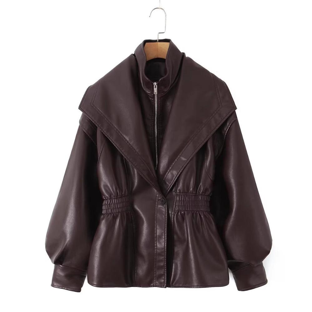 Women PU Leather Jacket Wide Lapel