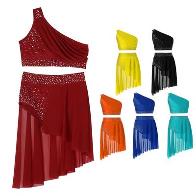 Kids Girls Lyrical Dance Performance Outfit Shiny Rhinestone Overlay One Shoulder Crop Top with Skirted Briefs