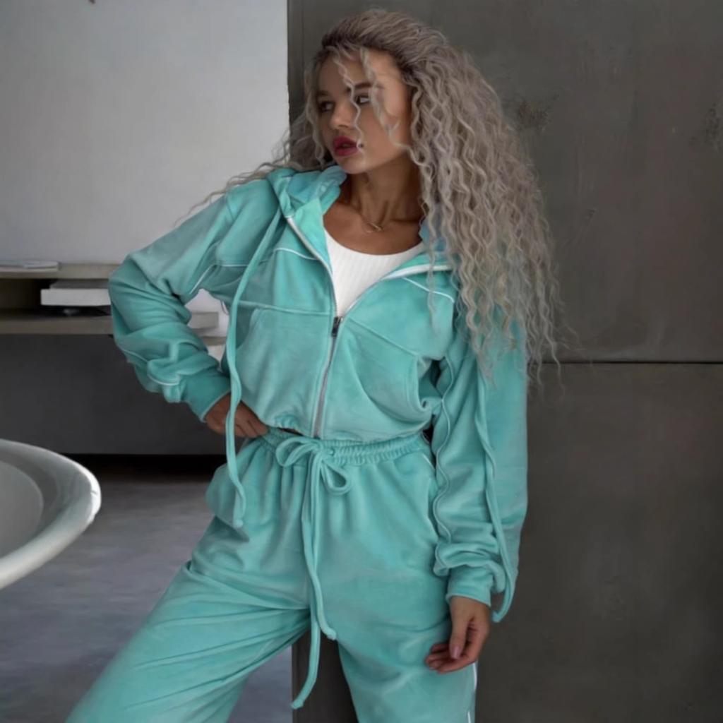 Casual Women's Suit Velvet Color Matching Lines Pocket Long-sleeved Cardigan Jacket Trousers Two-piece Set