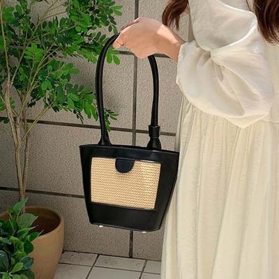Breathable PU Woven Bucket Bag Retro Straw Shoulder Bag Beach Pouch Women Bucket Handbag  Vacation
