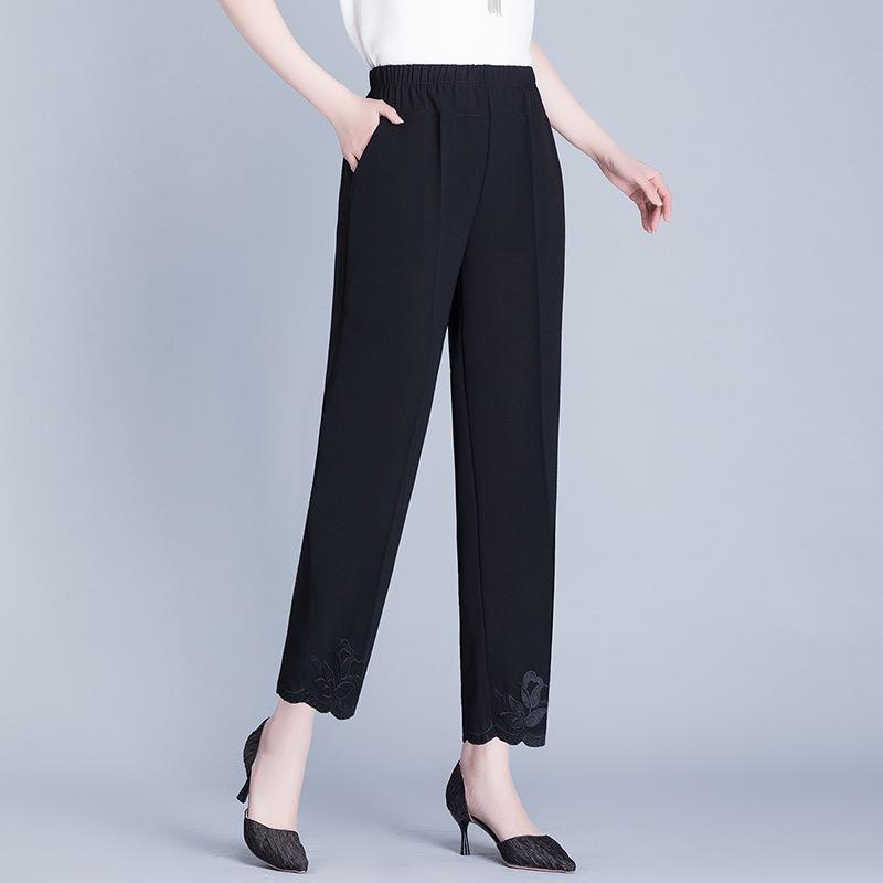 

Women Elastic Waist Straight Leg Pants Floral Embroidery Ankle Length Casual Trousers XL чёрный