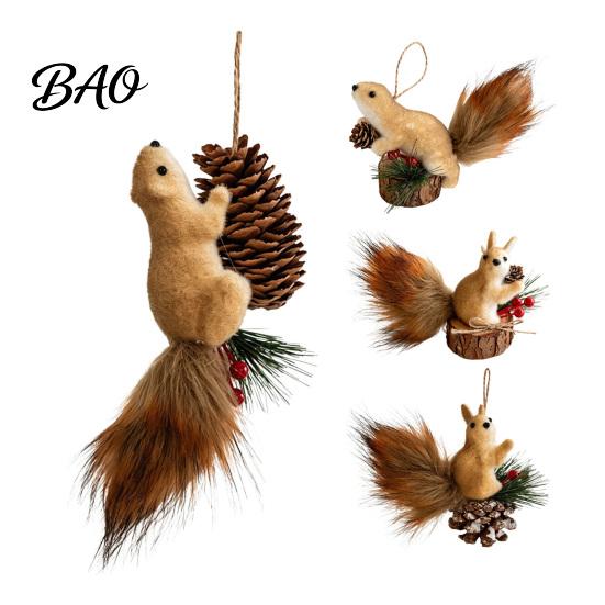 Realistic Squirrel for Home Decor Christmas Ornaments Tree, Cute Felt Plush Woodland with Pine Fluffy Figurine Cone, Hanging Forest Animal Decoration