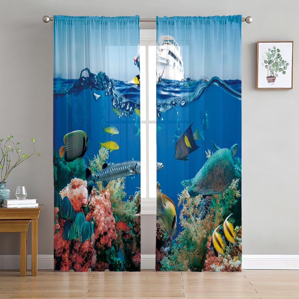 2 Panel Blue Sea Curtain Sea Creature Dolphin Turtle Curtain for Bedroom Living Room Kitchen Window Tulle Sheer VoileCurtains