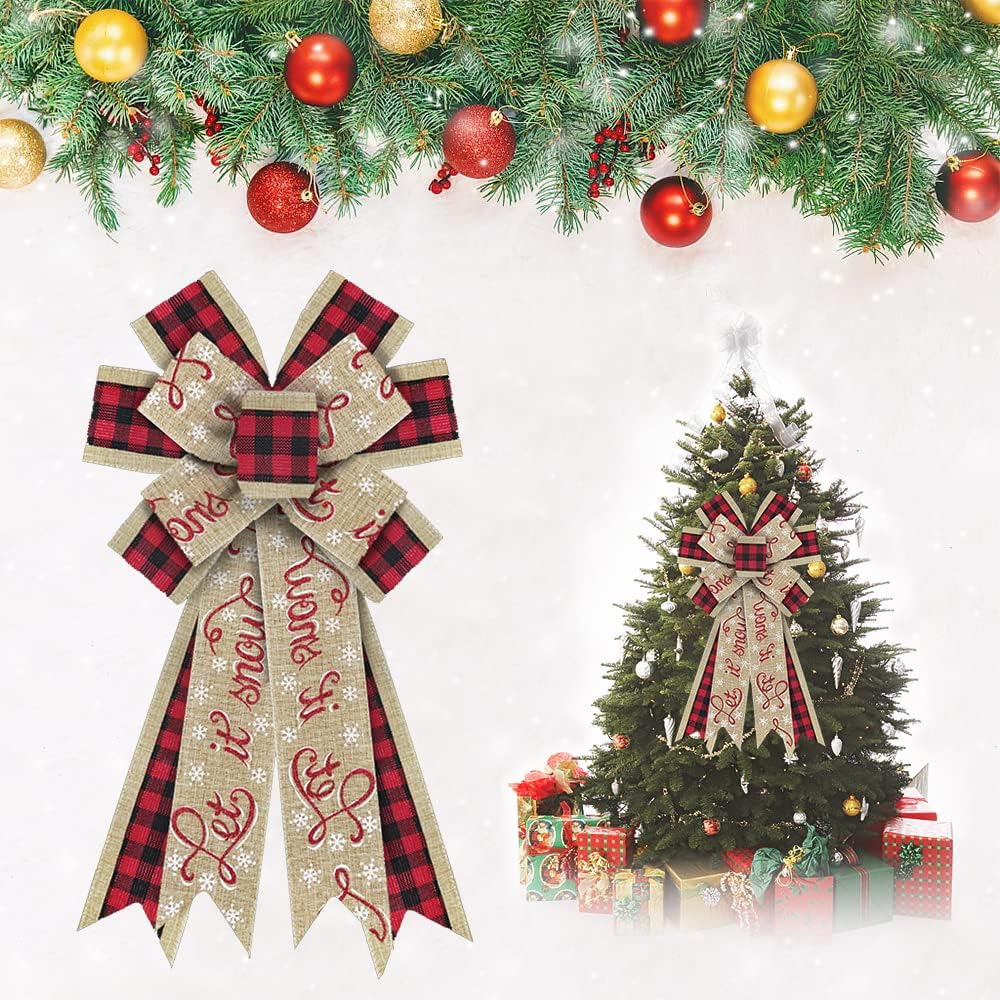 

Large Christmas Bow for Wreath Black Red Buffalo Plaid Bows Xmas Snowflake Bow Natural Burlap Tree Topper Bow for New Year Decor 20.87 x 11.42 in