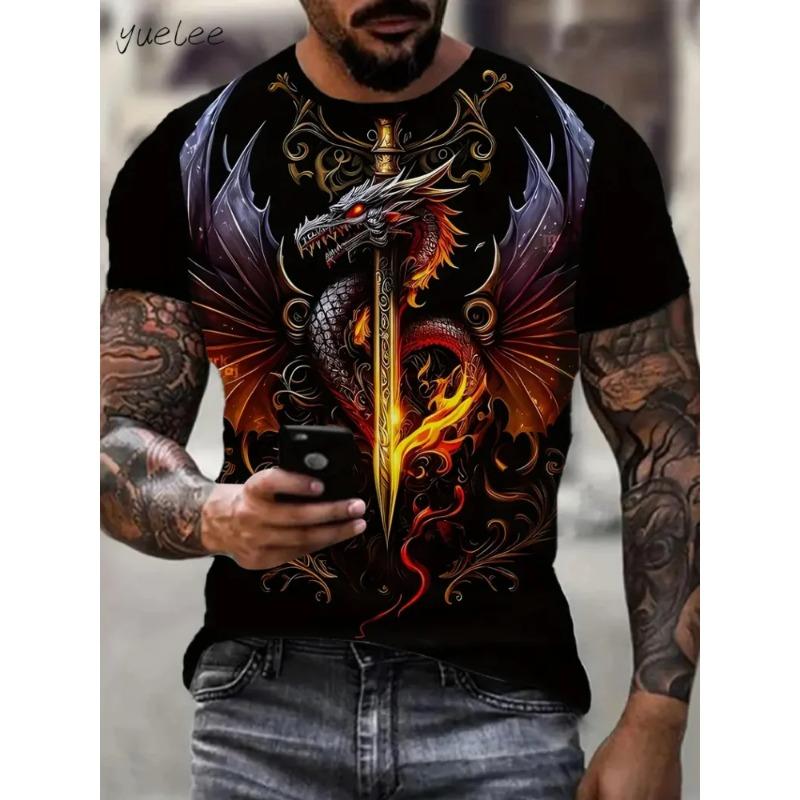 Vintage Dragon Pattern Men's T-Shirts Summer Outdoor Men's Clothing Round Neck Men Short Sleeved Tee Printing Breathable Men Top