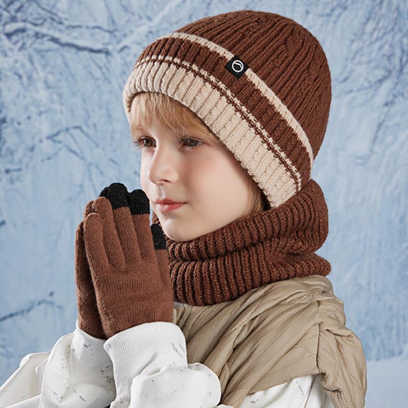 3Pcs Children Winter Hat Neck Warmer Gloves Set Fleece Lining Kids Beanie Scarf Suit Outdoor Child Cap for Girls Boys 4-10Y