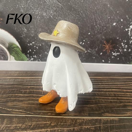 Weiße Geisterdekoration Halloween Cowboy-Statue, Gruselige Harzfigurine, Westliche Tischdekoration Skulptur mit Stiefel und Hut für Kaminsims, Etagen