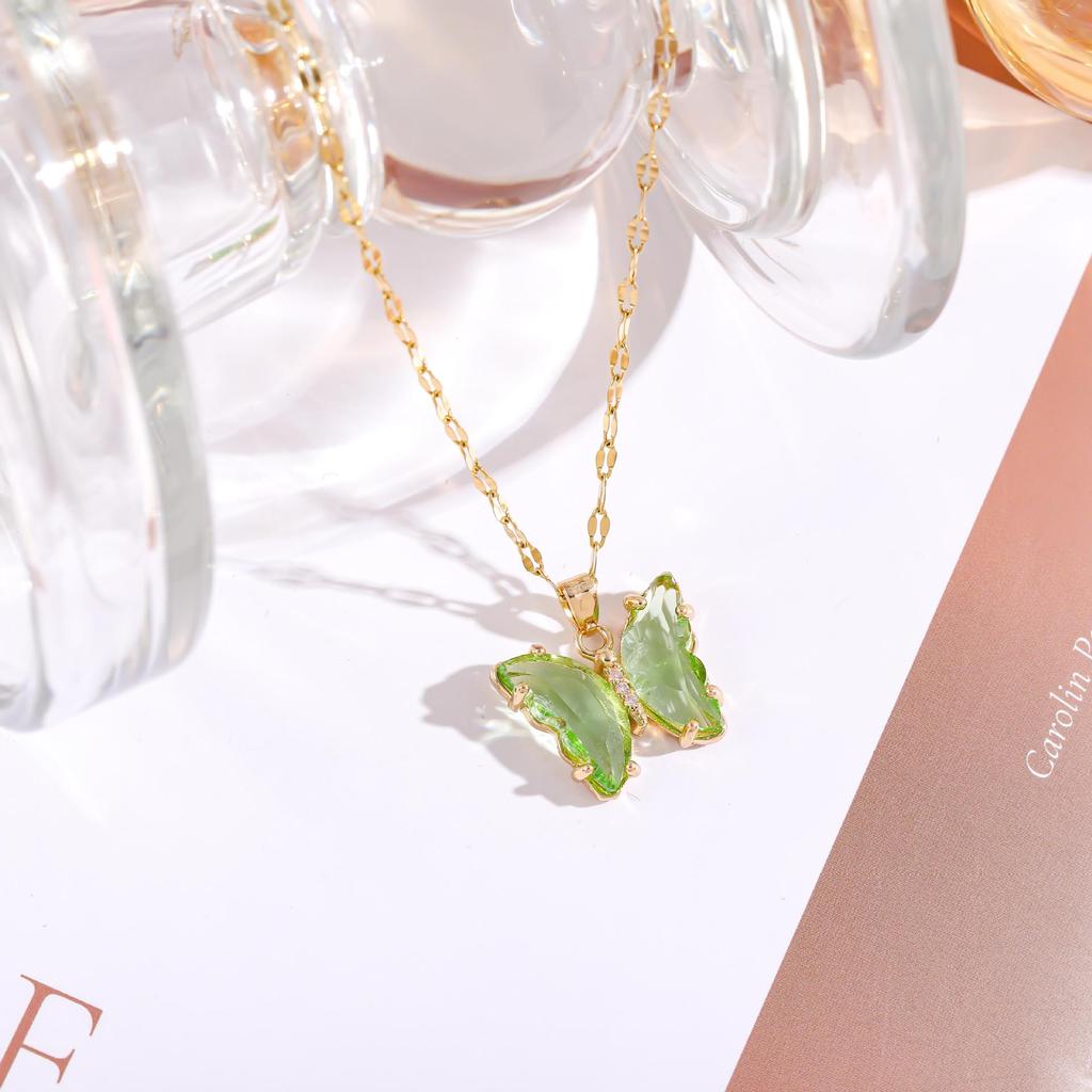 Iridescent Gradient Butterfly Necklace with Zirconia Rhinestones - Titanium Steel Clavicle Chain Pendant.