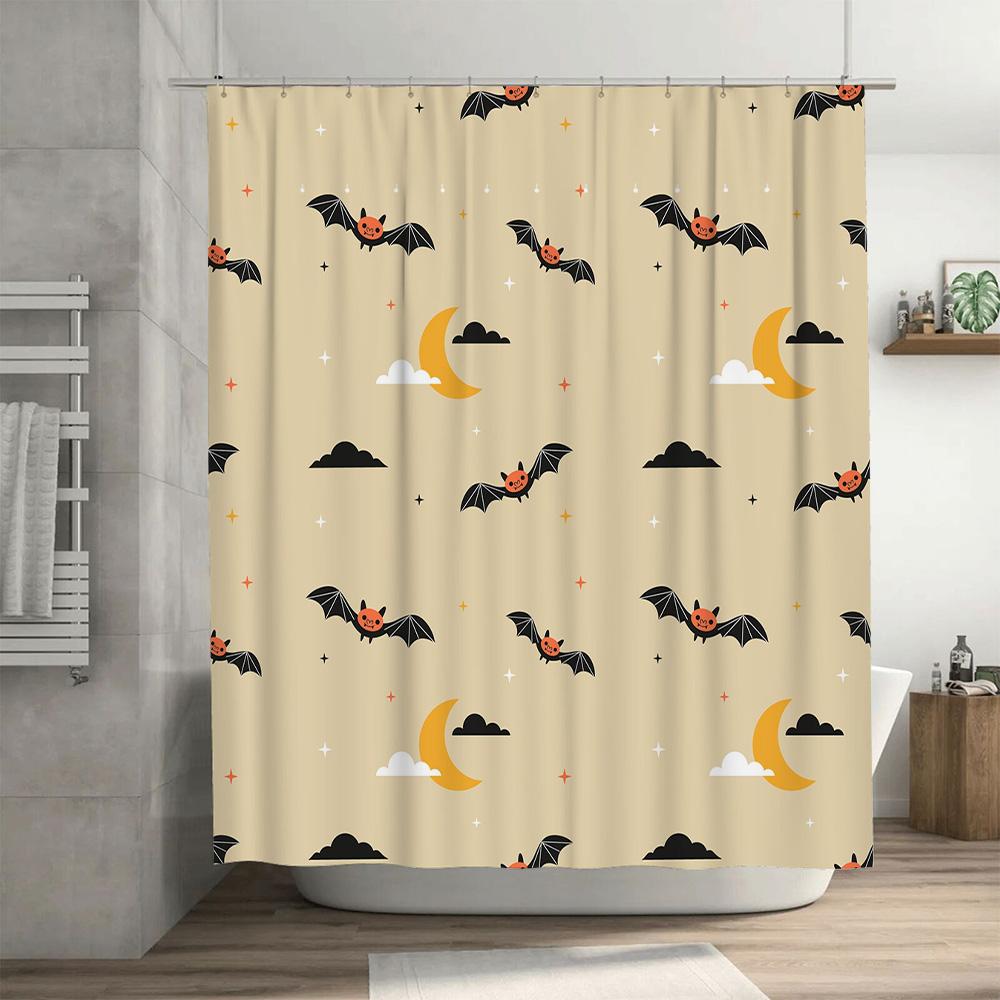 Halloween-themed Bat Moon Cloud Shower Curtain for Bathroom Decor Black Spooky Design Waterproof Fabric Perfect Gift Idea Size 1