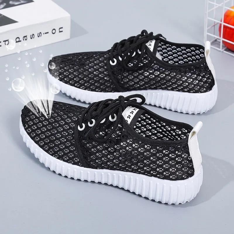 Women Summer Solid Color Soft Sole Anti Slip All Match Casual Large Size Flat Breathable Mesh Sports Shoes