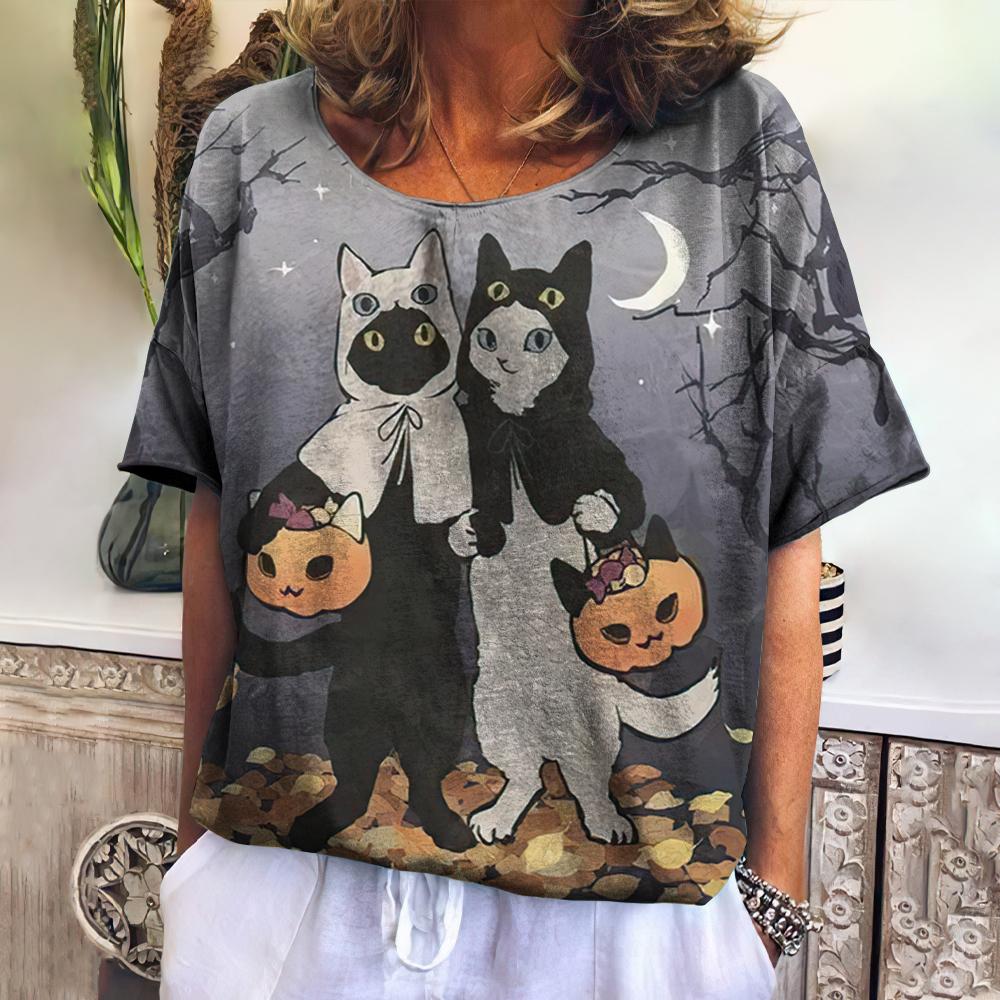 Plus Size Women T-Shirt Halloween Cats Print Female Clothing Fashion Summer Short Sleeve Tops Casual O-Neck Tees Ladies Pullover