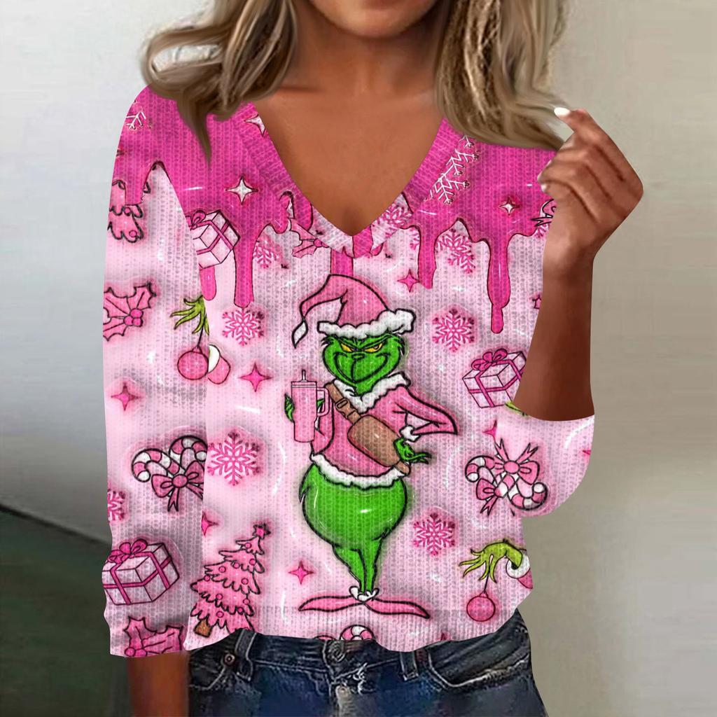 Women's Cute Sweatshirt Knitted Fashion Casual V-neck Long-sleeved  Cozy Print Top