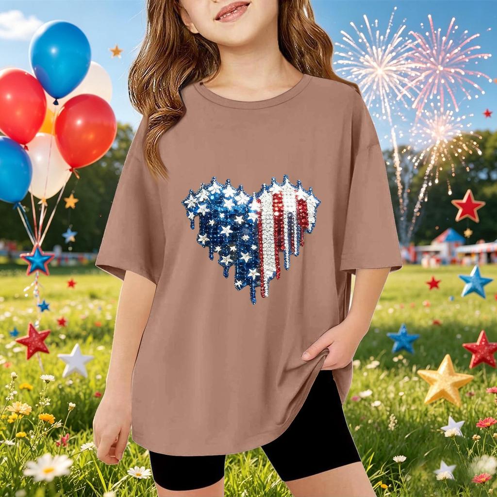Kids Short Sleeve T-Shirt with Sequin Heart Print Independence Day Top Casual Loose Fit Tee for Boys and Girls Summer Wear