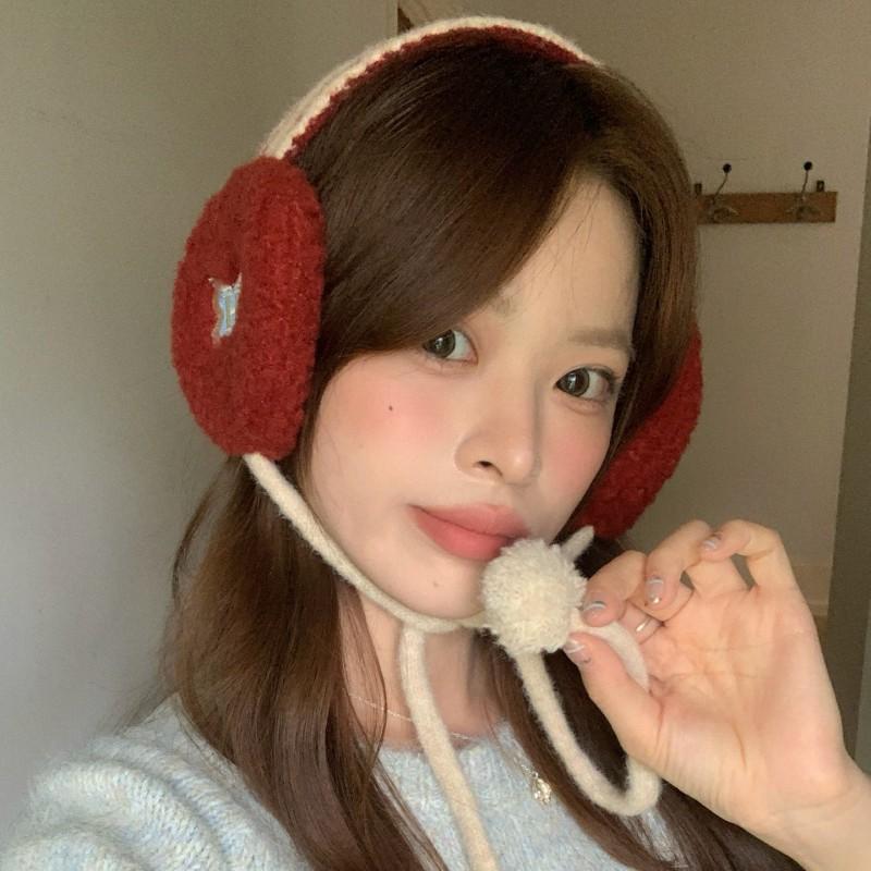 Womens Plush Knit Ear Warmers With Tie Red Winter Fuzzy Earmuffs Cold Weather Christmas New