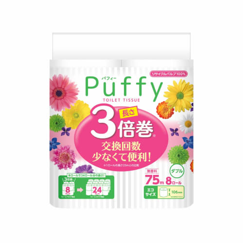 

Туалетная бумага Elleair Puffy, Тройная длина, 75 м x 8 рулонов, Двухслойная